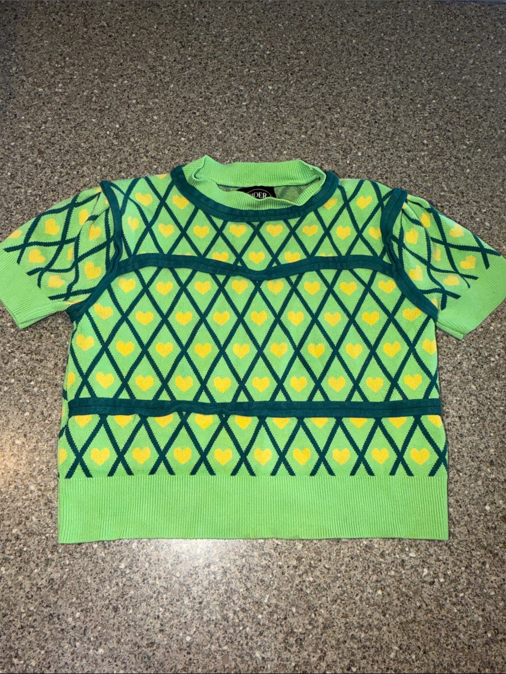 Cider Lime Green Knit Short Sleeve Sweater with Yellow Heart Pattern - Picture 1 of 3